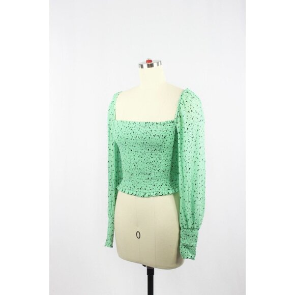 Aritzia LITTLE MOON Gimlet Green Chiffon Smocked Square Neck Blouse, Size S - Picture 4 of 13